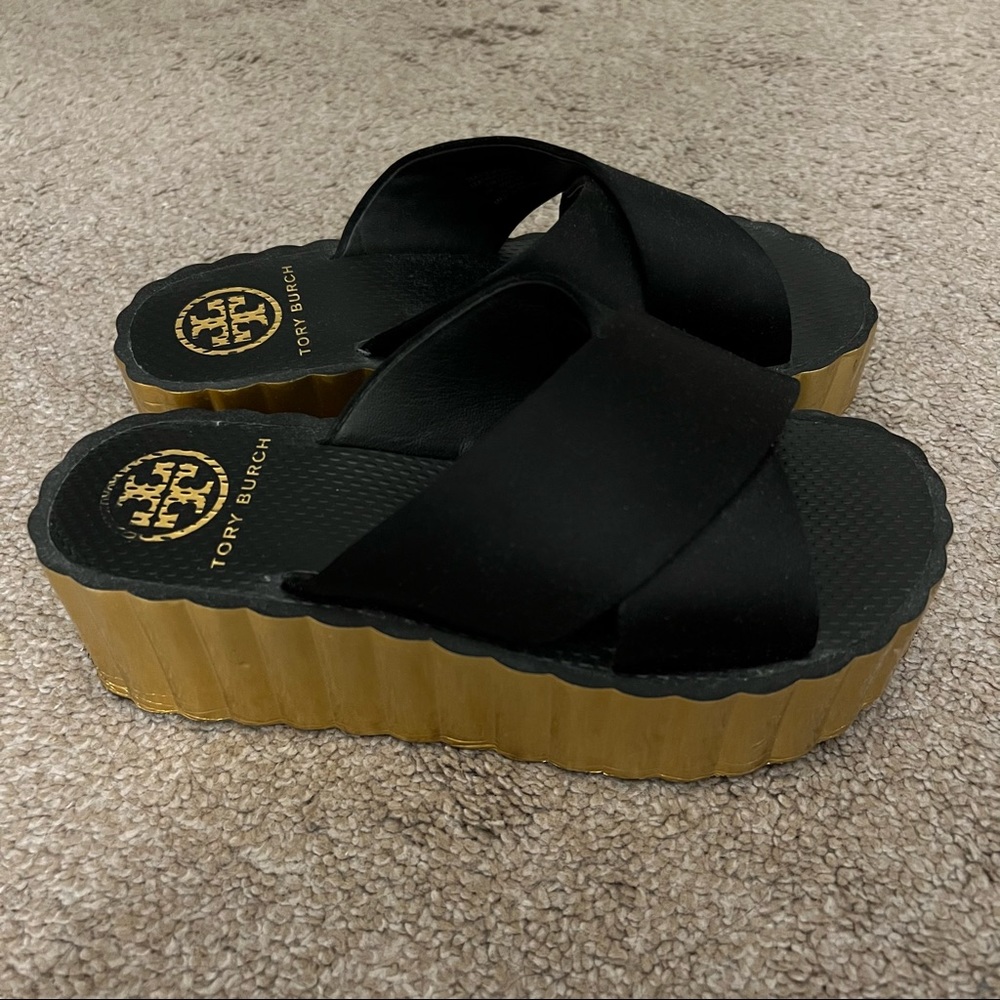Tory Burch gold and black platform sandals